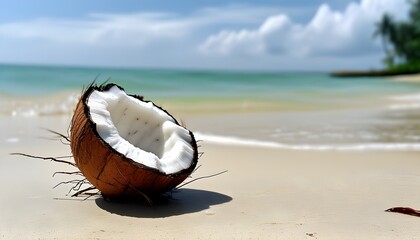 Wall Mural - Tropical beach getaway with halved coconuts and palm trees for ultimate relaxation