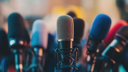 A close-up shot of a microphone at a press interview, with multiple microphones from different media outlets surrounding it, capturing the intensity of the moment.