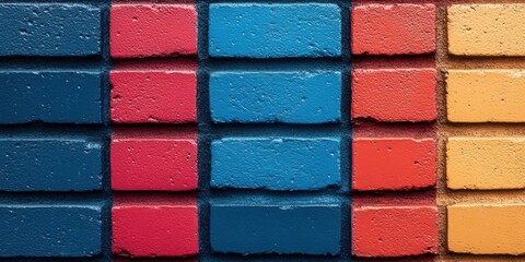 Fototapete - A vibrant, colorful brick wall composed of blue, red, and orange bricks, creating a visually stimulating and playful geometric pattern