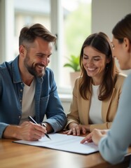 Wall Mural - business meeting, smiling people, office setting, signing documents, professional attire, modern workspace, teamwork, natural lighting, indoor setting
