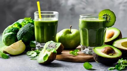 Canvas Print -  Freshly blended green smoothie with avocado kiwi and apple topped with a slice of kiwi