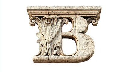 Elegant letter B takes center stage, crafted from antique column material, highlighting intricate details set against a pristine white background.