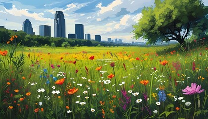 Wall Mural - Vibrant Wildflower Meadow Amidst Urban Landscape Highlighting Biodiversity Conservation