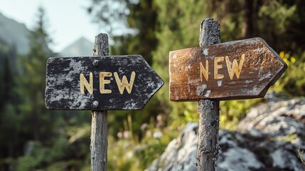 Two wooden signs point in different directions, each with the word 