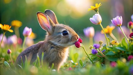 Wall Mural - A rabbit delicately nibbles on a flower amidst a vibrant garden full of colorful blossoms, embodying the beauty of nature.