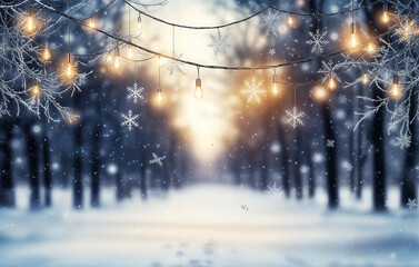 Wall Mural - a serene winter scene with a pathway running through a forest, illuminated by string lights and surrounded by snow-covered trees.