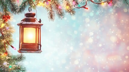 Christmas Lantern with electric light decoration festive Christmas background with fir branches - Winter landscape with bokeh lights, greeting card, xmas decor 