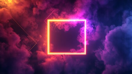 Wall Mural - a glowing neon square frame in a dark smoky background with pink and orange lighting.
