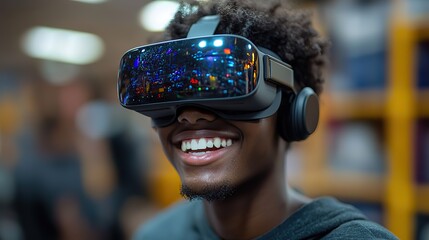 happy student wearing virtual reality goggles at school in computer science class