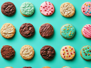 Colorful cookies arranged in a grid on a teal background.