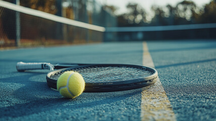 Wall Mural - Tennis racket and ball resting on a court at sunset in a quiet sports facility