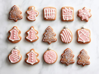 Decorative Christmas cookies with pink icing on a marble surface.