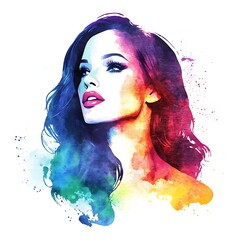 Sticker - Watercolor Portrait of a Woman with Rainbow Colors.