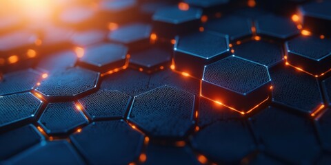 Fototapete - A  close-up of a textured, metallic honeycomb pattern with orange highlights, evoking a sense of modern architecture and futuristic technology.