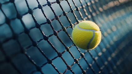 Wall Mural - Tennis ball bouncing off the net at a vibrant outdoor court during afternoon play