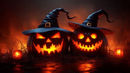 Glowing Jack-o'-Lanterns with Witch Hats in a Spooky Halloween Forest