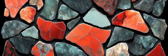 Aufkleber - A Close-Up View of Cracked and Weathered Stone Tiles in Shades of Red, Green, and Gray