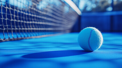 Wall Mural - A close-up view of a tennis ball resting on a blue court near the net during daylight