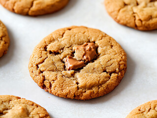 Freshly baked cookies with melted chocolate centers on parchment paper.