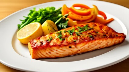 Canvas Print -  Deliciously grilled salmon with lemon and herbs served with a side of fresh vegetables