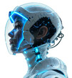 © Kassiopeia  - Futuristic humanoid robot in high-tech helmet with blue neon lights and intricate circuitry, on transparent background. Perfect for use in AI, robotics, sci-fi, technology themes.