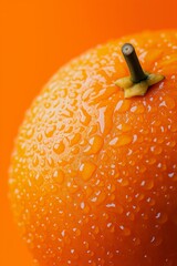 A detailed close-up of a fresh orange fruit covered with water droplets, highlighting its vibrant and juicy surface.