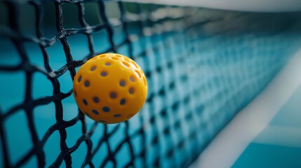 Sticker - A yellow pickleball and a blue paddle lay on a blue court.