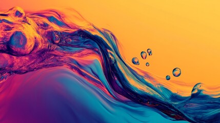 Wall Mural - Abstract liquid art featuring vivid swirls of pink, blue, and purple against a vibrant orange background.