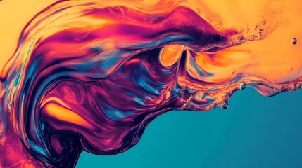 Wall Mural - Abstract liquid art featuring vivid swirls of pink, blue, and purple against a vibrant orange background.