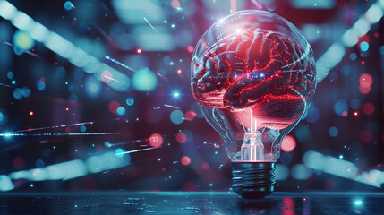 Virtual brain inside light bulb on a laboratory background ,Brain inside lightbulb with digital interface on background