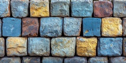 Poster - A weathered stone wall composed of various hues of blue, yellow, and red, showcasing the beauty of natural erosion and time's passage.