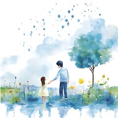 Poster - Watercolor Painting of a Father and Daughter Walking in a Field.