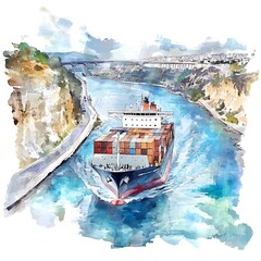 Sticker - Container Ship Navigating a Narrow Channel, Watercolor Painting.