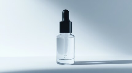 Wall Mural - Transparent serum bottle with a matte black lid, focus on the unique bottle shape against white. No people. No logo.