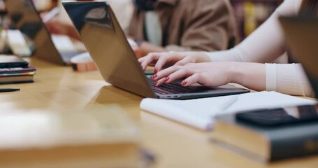 Poster - Research, typing and laptop with hands of woman in library for knowledge, education and college thesis. Academy, future and university with person and studying for exam, project and scholarship