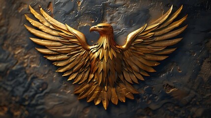 A golden eagle sculpture with outstretched wings against a textured background.