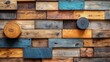 © InspireStock Gallery - A rustic wall of reclaimed wood planks, showcasing a variety of colors and textures, accented by two wooden discs