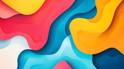 Poster - An abstract background with layered wavy shapes in pink, blue, orange, and white.