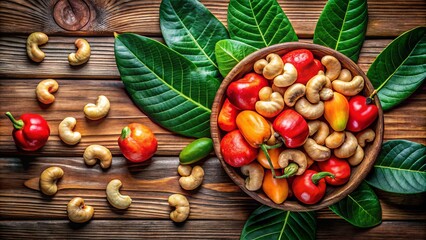 Wall Mural - Bright cashew fruit and nut sit on a wooden surface, accompanied by green leaves and a serene natural