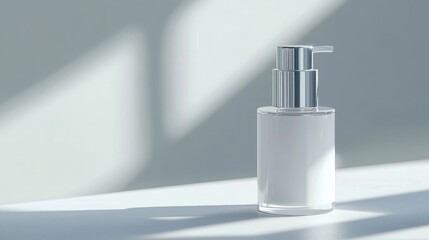 Wall Mural - White serum bottle with a silver pump top, focus on the sleek design against a bright background. No people. No logo.