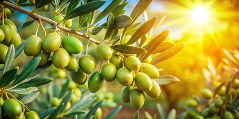 Wall Mural - Bright Mediterranean sunlight illuminates ripe green olives adorning branches, showcasing their readiness for harvest