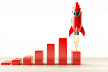 Wall Mural - red rocket launching from upward bar graph, symbolizing business growth and success.