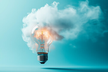 Lightbulb with Cloud-Like Smoke on Blue Background, Concept of Ideas and Innovation.