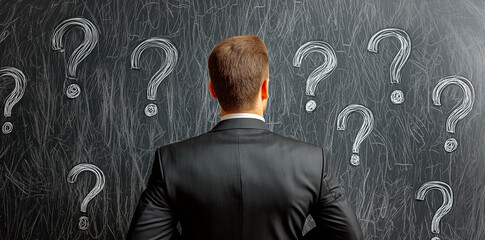 Fototapete - Businessman facing chalkboard with multiple question marks on a dark background, conveying a concept of uncertainty and problem-solving.