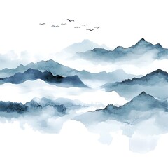 Poster - Watercolor Illustration of Misty Mountains with Birds Flying Overhead.