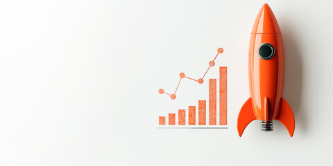 Wall Mural - orange rocket with bar and line graph on white background. abstract concept of growth and progress.