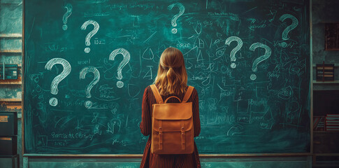 Fototapete - A student with a backpack stands in front of a chalkboard filled with question marks in a classroom.