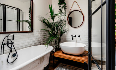 Serene White Bathroom Adorned with Lush Green Plants and Minimalist Decor