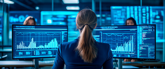 Wall Mural - Woman analyzing financial charts on multiple monitors in a modern office environment.