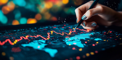 Canvas Print - Hand drawing on a digital forex trading chart with global data on a screen background.